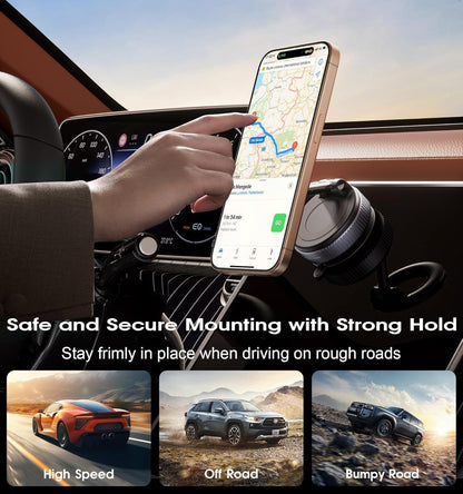 Magnetic Phone Holder – 360° vacuum mount with ultra-strong suction, MagSafe compatible for iPhone & Android.
