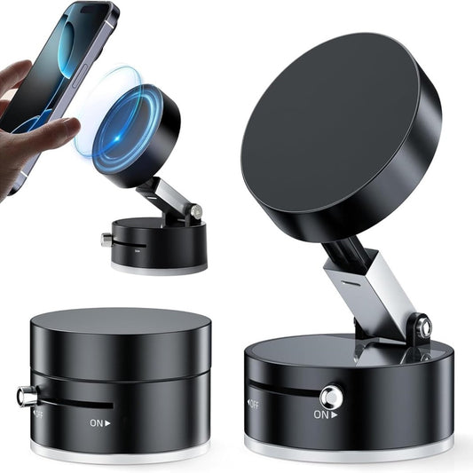 GadgetBite 360 Vacuum Magnetic Phone Holder Hands Free, Foldable Suction Mount, Strong Grip for Mirror, Shower, Gym, Car, Kitchen and Universal Magnetic Phone Stand - Black